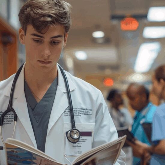 A medical student reading a book